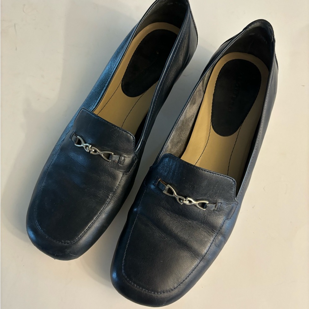 Trotters Navy Leather Loafers with Silver Accent